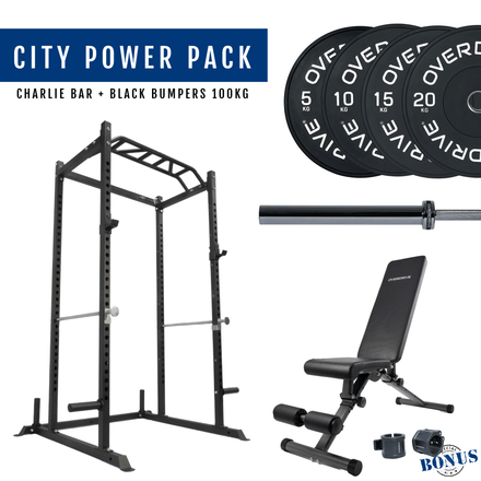 OVERDRIVE City Power Pack home gym package with Charlie barbell and black bumper plates 100kg