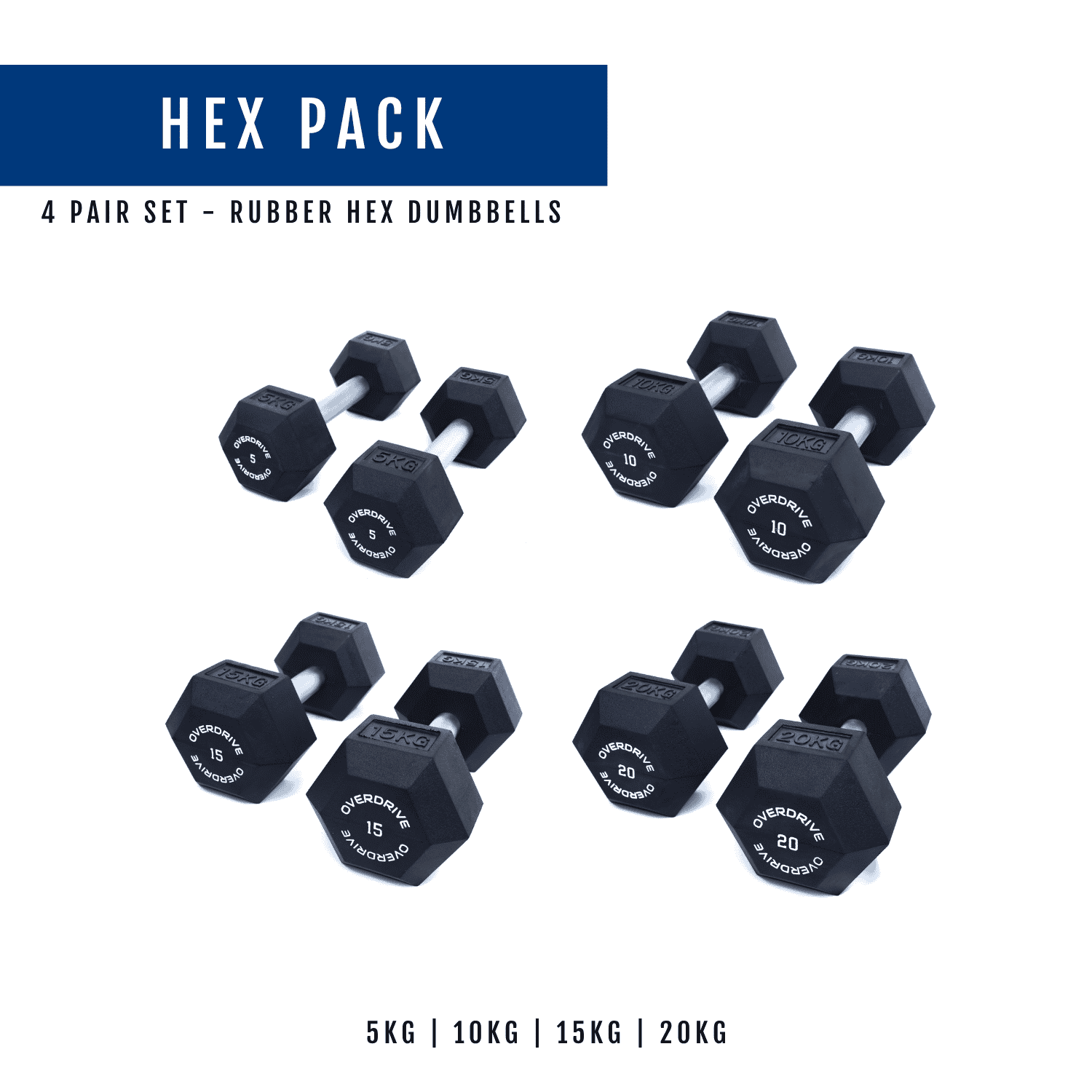 Overdrive Rubber Hex Dumbbells - 4 Pairs Set (5kg, 10kg, 15kg, 20kg)