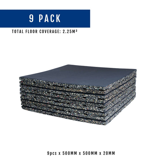 9 PACK OVERDRIVE EPDM Rubber Gym Mat Flooring Black 500MM x 500MM x 20MM