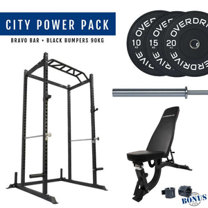 Overdrive Sports City Power Pack with Bravo barbell, black bumper plates 90kg, and FID adjustable bench