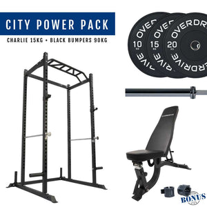 Overdrive Sports City Power Pack with Charlie barbell 15kg, black bumper plates 90kg, and FID adjustable bench