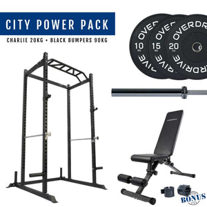 Overdrive Sports City Power Pack with Charlie barbell 20kg, black bumper plates 90kg, and City adjustable bench