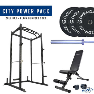 Overdrive Sports City Power Pack with Zulu barbell, black bumper plates 90kg, and City adjustable bench