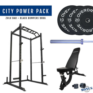 Overdrive Sports City Power Pack with Zulu barbell, black bumper plates 90kg, and FID adjustable bench