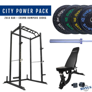 Overdrive Sports City Power Pack with Zulu barbell, crumb bumper plates 100kg, and FID adjustable bench