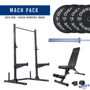 Overdrive Mach Pack home gym package, black frame with Zulu barbell and black bumper plates, 100kg