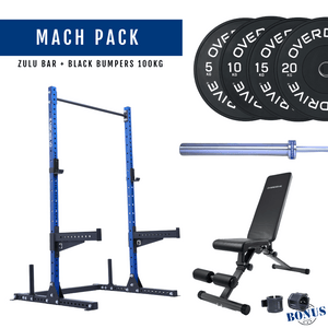 Overdrive Mach Pack home gym package, blue frame with Zulu barbell and black bumper plates, 100kg