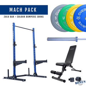 Overdrive Mach Pack home gym package, blue frame with Zulu barbell and colour bumper plates, 100kg
