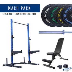 Overdrive Mach Pack home gym package, blue frame with Zulu barbell and crumb bumper plates, 100kg