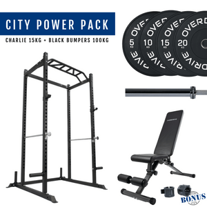 Overdrive Sports City Power Pack with City adjustable bench, black bumper plates, and Charlie barbell 15kg