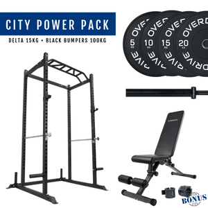 Overdrive Sports City Power Pack with City adjustable bench, black bumper plates, and Delta barbell 15kg