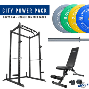 Overdrive Sports City Power Pack with City adjustable bench, colour bumper plates, and Bravo barbell 20kg