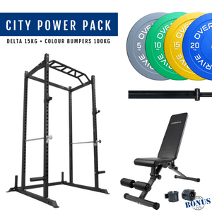 Overdrive Sports City Power Pack with City adjustable bench, colour bumper plates, and Delta barbell 15kg