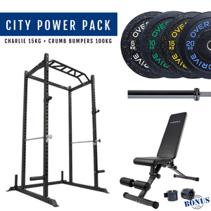 Overdrive Sports City Power Pack with City adjustable bench, crumb bumper plates, and Charlie barbell 15kg