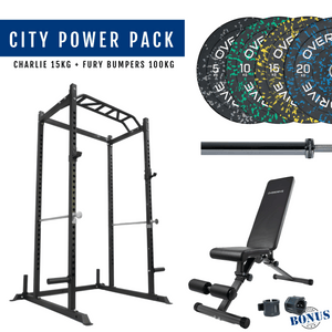 Overdrive Sports City Power Pack with City adjustable bench, Fury bumper plates, and Charlie barbell 15kg