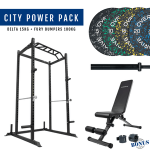 Overdrive Sports City Power Pack with City adjustable bench, Fury bumper plates, and Delta barbell 15kg