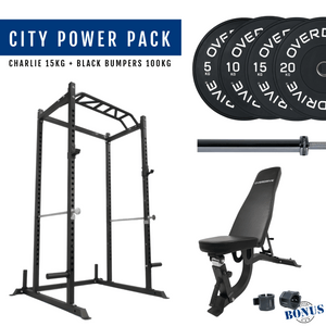 Overdrive Sports City Power Pack with FID adjustable bench, black bumper plates, and Charlie barbell 15kg