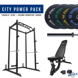 Overdrive Sports City Power Pack with FID adjustable bench, crumb bumper plates, and Charlie barbell 15kg