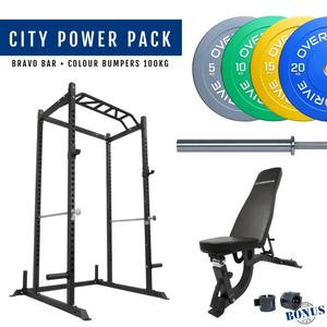 Overdrive Sports City Power Pack with FID adjustable bench, colour bumper plates, and Bravo barbell 20kg