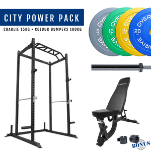 Overdrive Sports City Power Pack with FID adjustable bench, colour bumper plates, and Charlie barbell 15kg