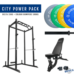 Overdrive Sports City Power Pack with FID adjustable bench, colour bumper plates, and Delta barbell 15kg