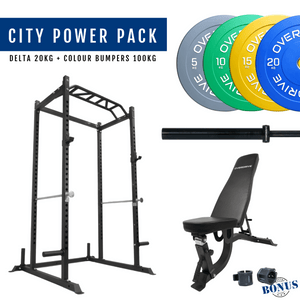 Overdrive Sports City Power Pack with FID adjustable bench, colour bumper plates, and Delta barbell 20kg