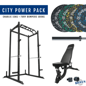 Overdrive Sports City Power Pack with FID adjustable bench, Fury bumper plates, and Charlie barbell 15kg