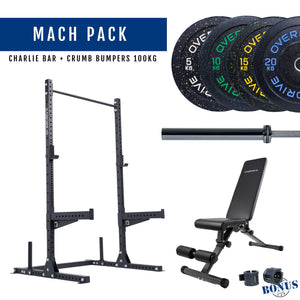 Overdrive Mach Pack home gym package, black frame with Charlie barbell and crumb bumper plates, 100kg
