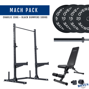 Overdrive Mach Pack, black frame with City adjustable bench, black bumper plates, and Charlie barbell 15kg