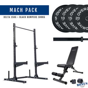 Overdrive Mach Pack, black frame with City adjustable bench, black bumper plates, and Delta barbell 15kg