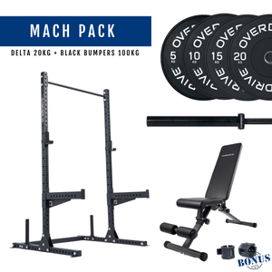 Overdrive Mach Pack, black frame with City adjustable bench, black bumper plates, and Delta barbell 20kg