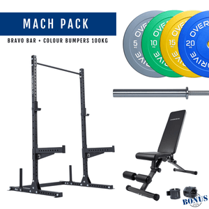Overdrive Mach Pack, black frame with City adjustable bench, colour bumper plates, and Bravo barbell