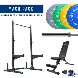 Overdrive Mach Pack, black frame with City adjustable bench, colour bumper plates, and Charlie barbell 20kg