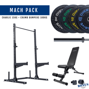 Overdrive Mach Pack, black frame with City adjustable bench, crumb bumper plates, and Charlie barbell 15kg
