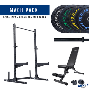 Overdrive Mach Pack, black frame with City adjustable bench, crumb bumper plates, and Delta barbell 15kg