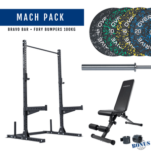 Overdrive Mach Pack, black frame with City adjustable bench, Fury bumper plates, and Bravo barbell