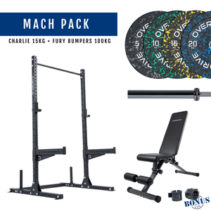 Overdrive Mach Pack, black frame with City adjustable bench, Fury bumper plates, and Charlie barbell 15kg