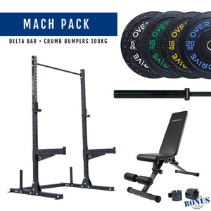 Overdrive Mach Pack home gym package, black frame with Delta barbell and crumb bumper plates, 100kg
