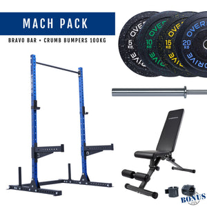 Overdrive Mach Pack home gym package, blue frame with Bravo barbell and crumb bumper plates, 100kg