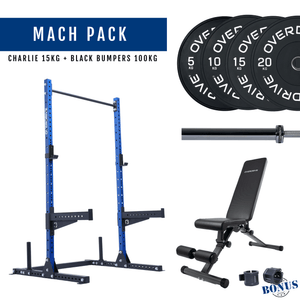 Overdrive Mach Pack, blue frame with City adjustable bench, black bumper plates, and Charlie barbell 15kg