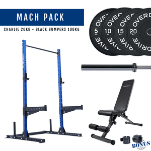 Overdrive Mach Pack, blue frame with City adjustable bench, black bumper plates, and Charlie barbell 20kg