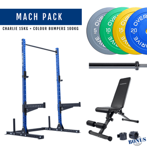Overdrive Mach Pack, blue frame with City adjustable bench, colour bumper plates, and Charlie barbell 15kg