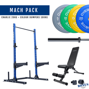 Overdrive Mach Pack, blue frame with City adjustable bench, colour bumper plates, and Charlie barbell 20kg