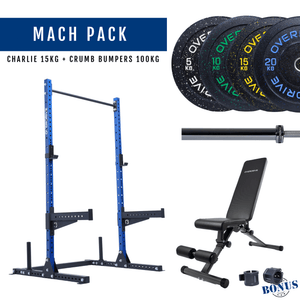 Overdrive Mach Pack, blue frame with City adjustable bench, crumb bumper plates, and Charlie barbell 15kg