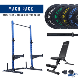 Overdrive Mach Pack, blue frame with City adjustable bench, crumb bumper plates, and Delta barbell 15kg