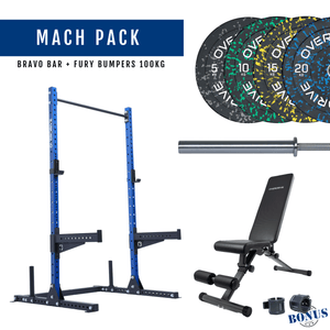 Overdrive Mach Pack, blue frame with City adjustable bench, Fury bumper plates, and Bravo barbell
