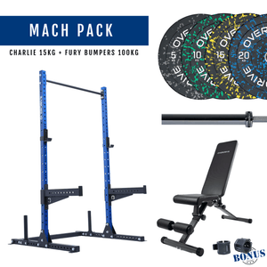 Overdrive Mach Pack, blue frame with City adjustable bench, Fury bumper plates, and Charlie barbell 15kg