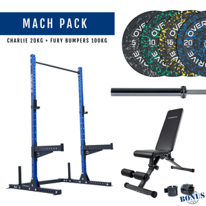 Overdrive Mach Pack, blue frame with City adjustable bench, Fury bumper plates, and Charlie barbell 20kg