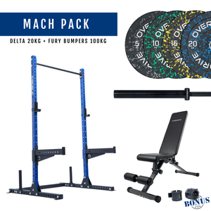 Overdrive Mach Pack, blue frame with City adjustable bench, Fury bumper plates, and Delta barbell 20kg