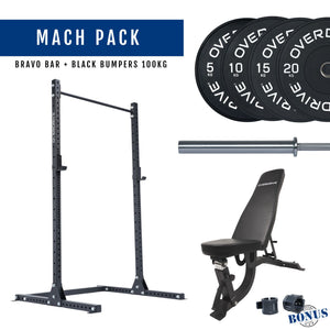 Overdrive Mach Pack home gym package, black frame with FID adjustable bench, black bumper plates, and Bravo barbell